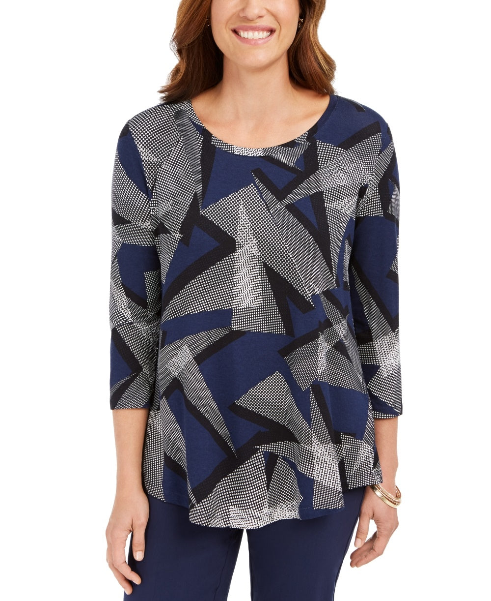 JM Collection Blusa feminina estampada com manga 3/4 e decote redondo, azul, tamanho X-S