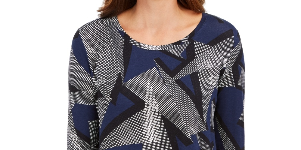 JM Collection Blusa feminina estampada com manga 3/4 e decote redondo, azul, tamanho X-S