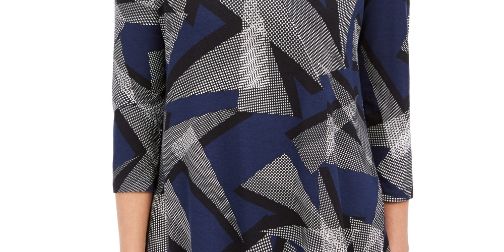 JM Collection Blusa feminina estampada com manga 3/4 e decote redondo, azul, tamanho X-S