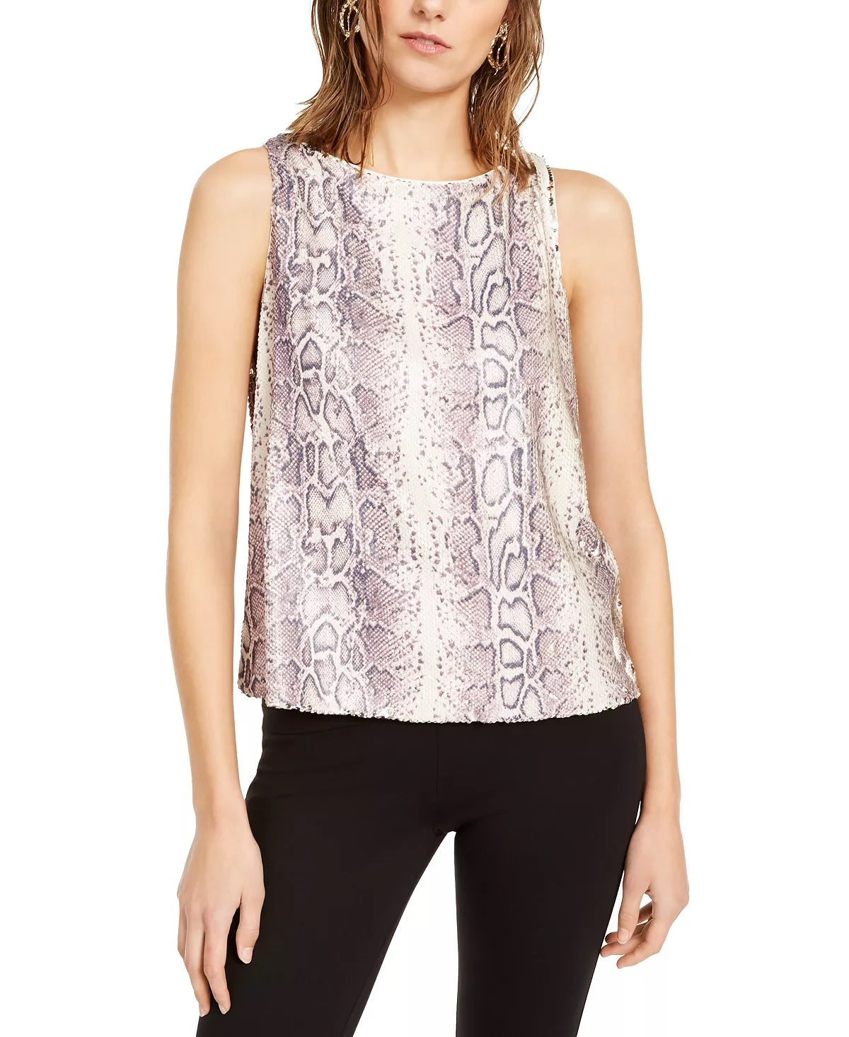 INC International Concepts Top feminino com estampa de cobra e lantejoulas, rosa, tamanho pequeno médio