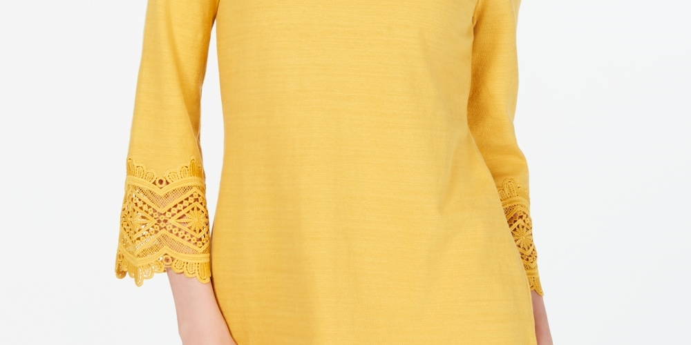 Top feminino Charter Club com acabamento em renda de algodão, amarelo, tamanho extragrande