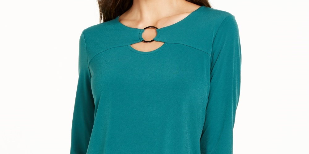 Top feminino com decote redondo e manga 3/4 da coleção JM, verde, tamanho PS