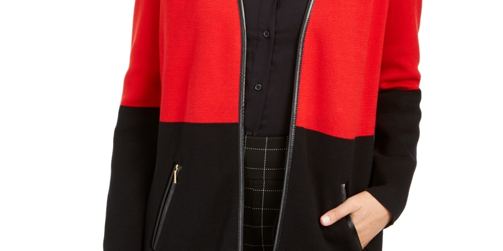 Cardigan feminino Charter Club com acabamento em couro sintético e blocos de cores, vermelho, tamanho PXL