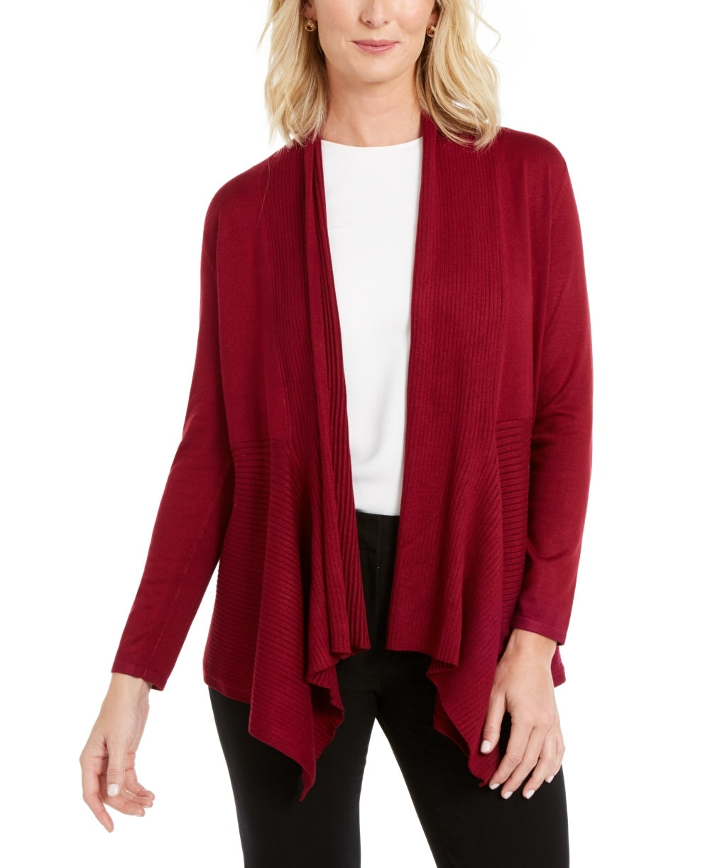 Cardigan feminino canelado com bainha de lenço JM Collection, tamanho médio, vermelho, tamanho extragrande