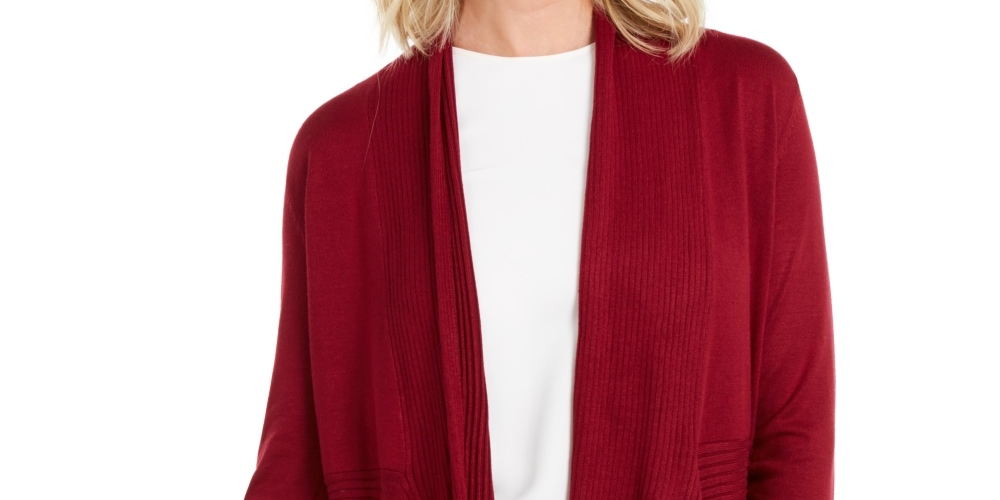 Cardigan feminino canelado com bainha de lenço JM Collection, tamanho médio, vermelho, tamanho extragrande