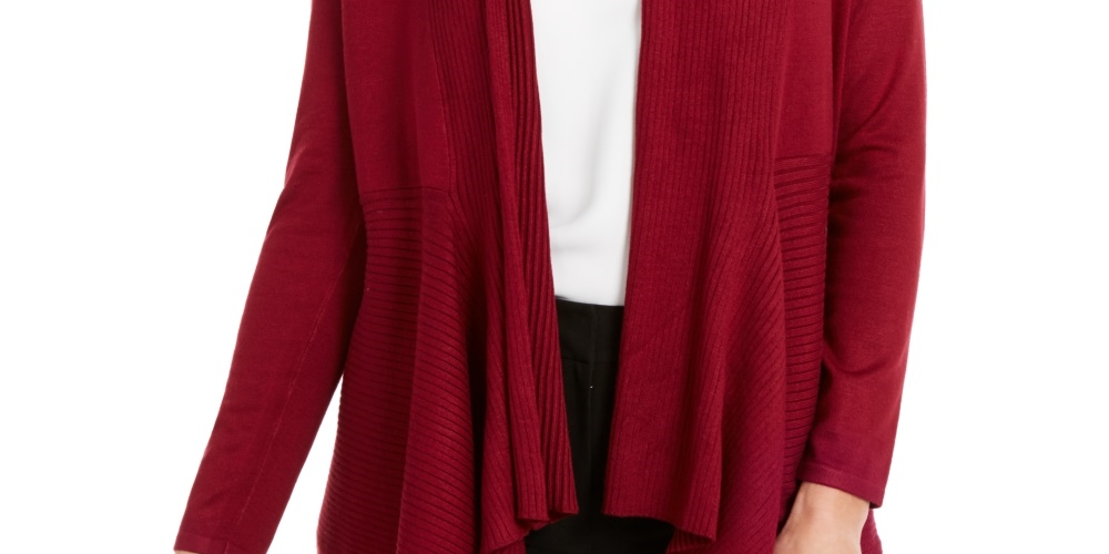 Cardigan feminino canelado com bainha de lenço JM Collection, tamanho médio, vermelho, tamanho extragrande