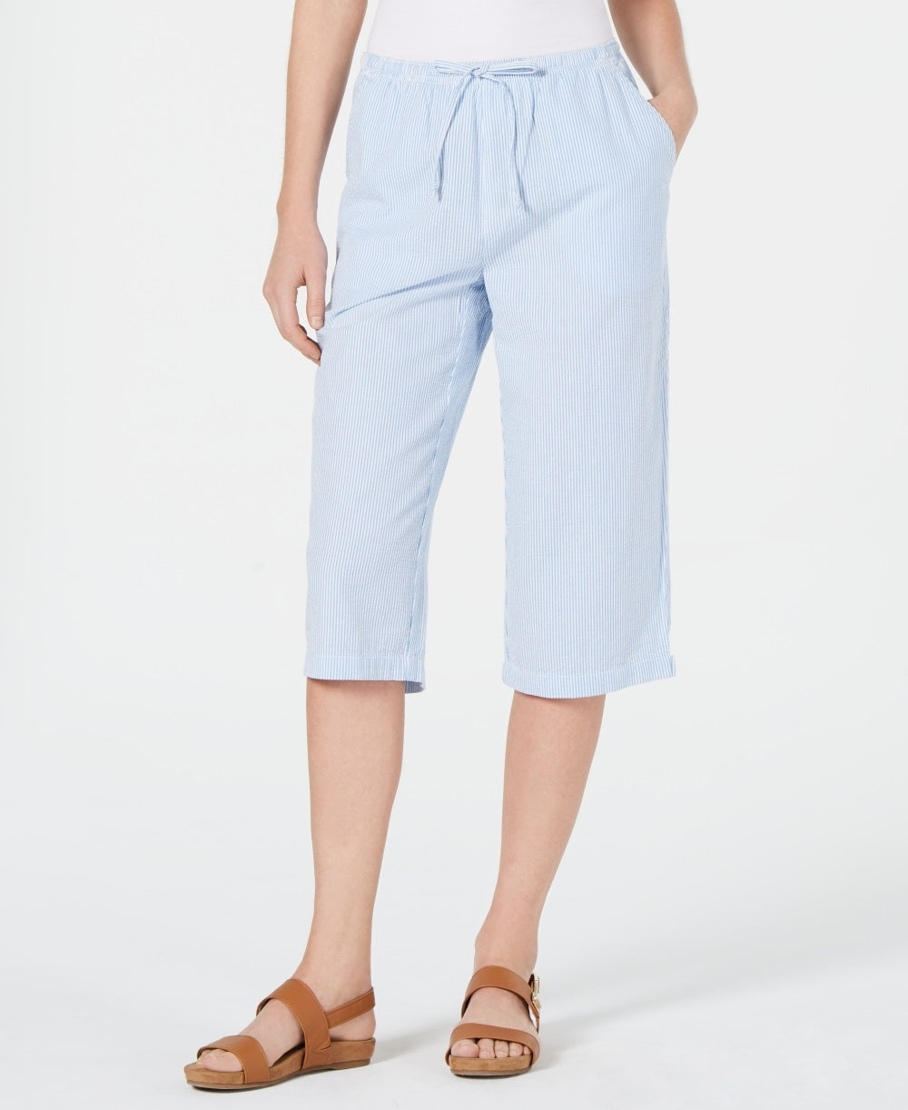 Calça Capri Karen Scott Feminina de Algodão Seersucker Azul Tamanho X-S