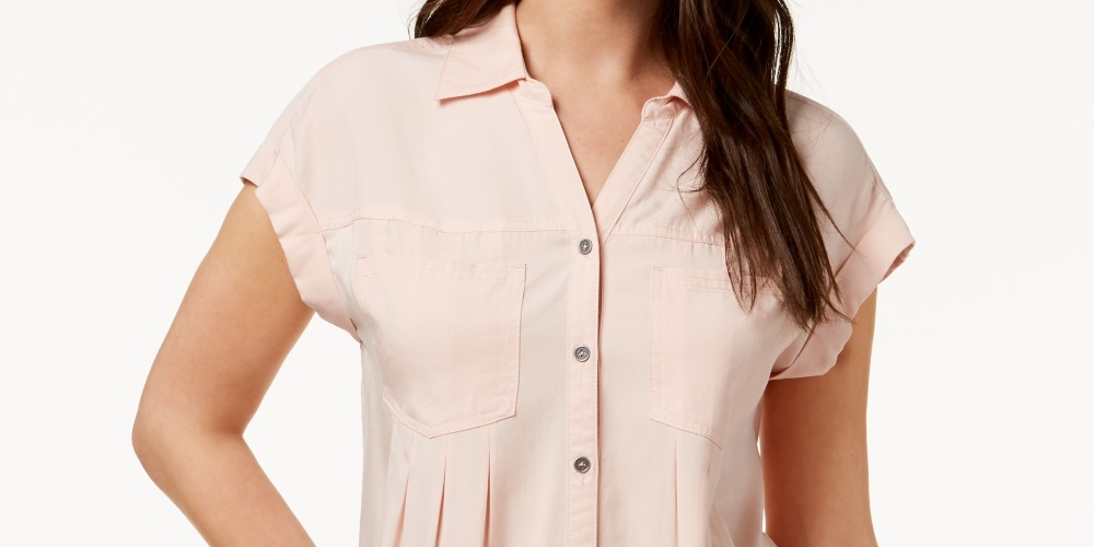 Blusa plissada com mangas e punhos Style &amp; Co feminina, rosa, tamanho pequeno