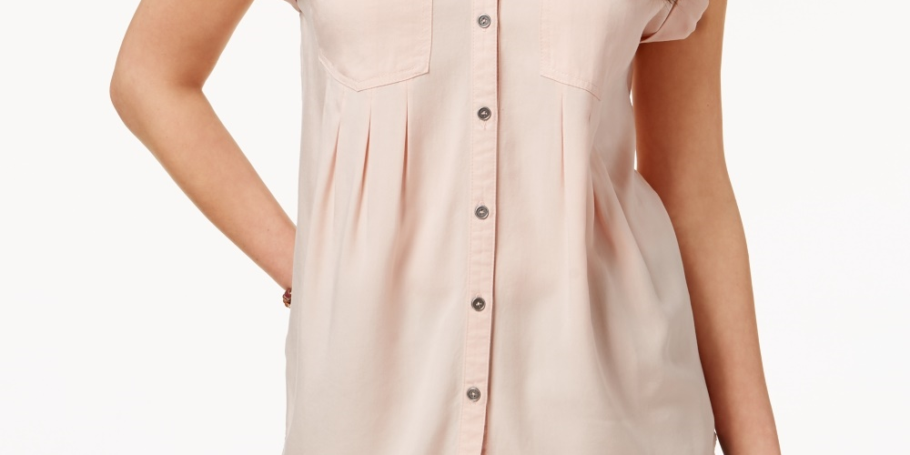 Blusa plissada com mangas e punhos Style &amp; Co feminina, rosa, tamanho pequeno