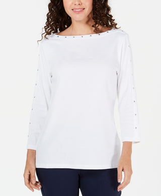 Karen Scott Top feminino de algodão com decote canoa e tachas, tamanho PL, branco