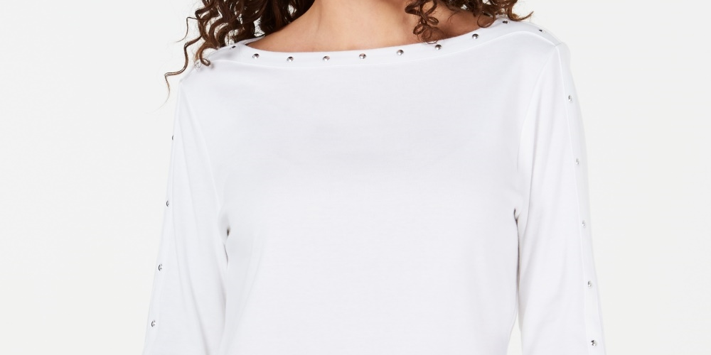 Karen Scott Top feminino de algodão com decote canoa e tachas, tamanho PL, branco