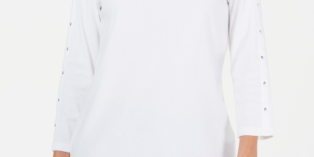 Karen Scott Top feminino de algodão com decote canoa e tachas, tamanho PL, branco