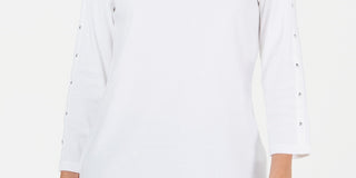 Karen Scott Top feminino de algodão com decote canoa e tachas, tamanho PL, branco