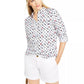 Blusa feminina Charter Club estampada com mangas dobradas e mistura de linho, branca, tamanho extragrande