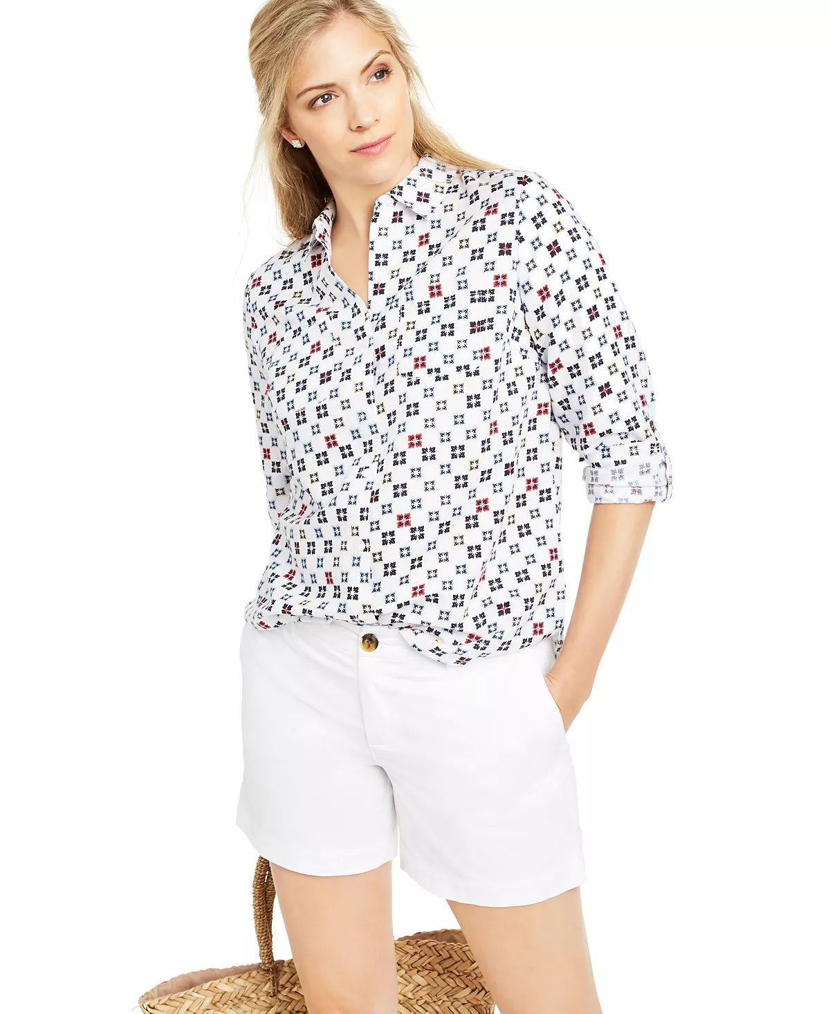 Blusa feminina Charter Club estampada com mangas dobradas e mistura de linho, branca, tamanho extragrande