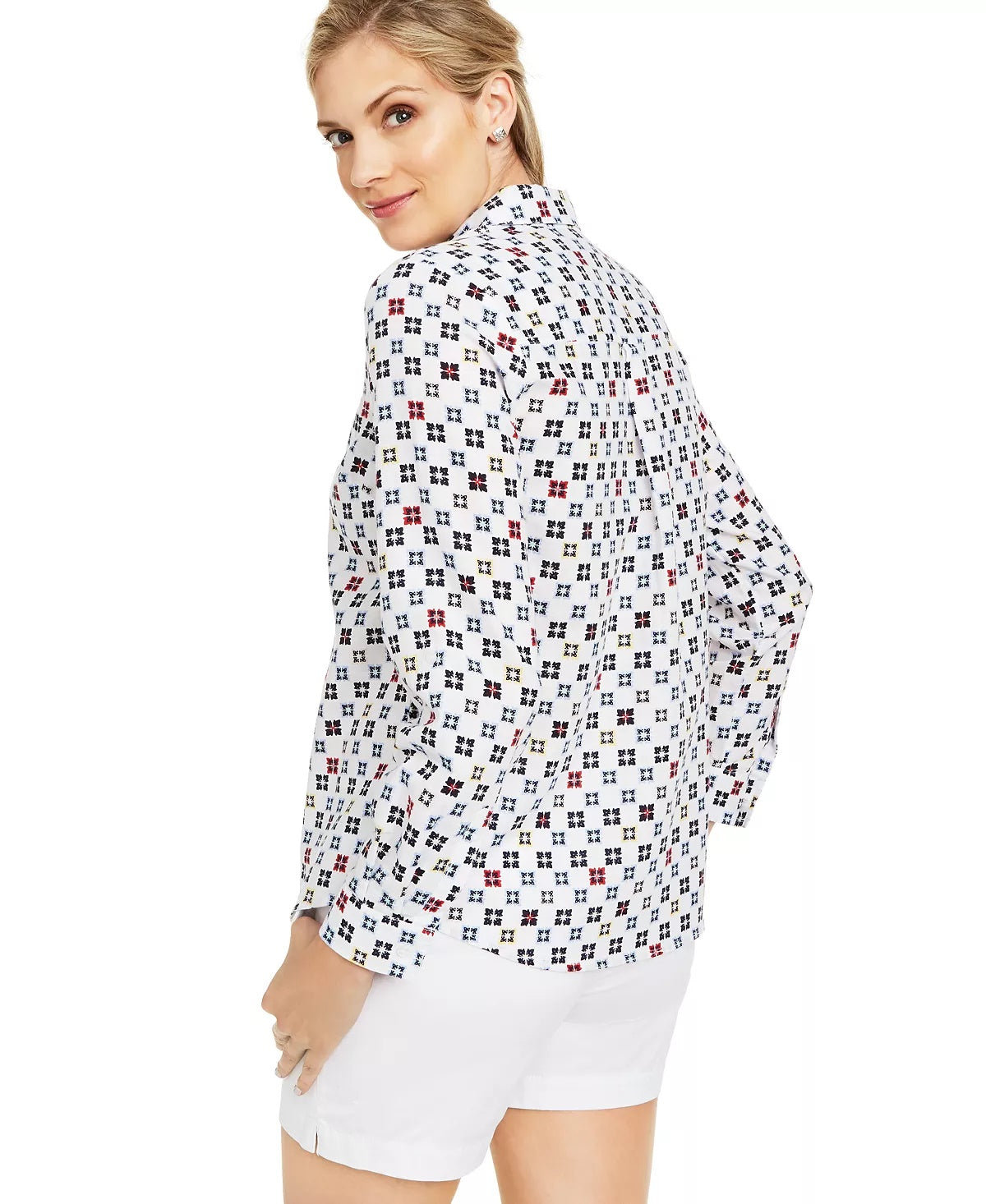 Blusa feminina Charter Club estampada com mangas dobradas e mistura de linho, branca, tamanho extragrande