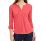 Charter Club Supima Cotton Top Feminino com Gola Dividida, Vermelho, Tamanho Pequeno