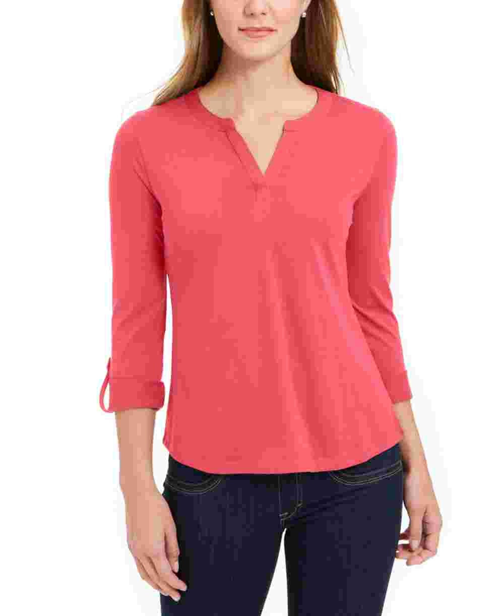 Charter Club Supima Cotton Top Feminino com Gola Dividida, Vermelho, Tamanho Pequeno
