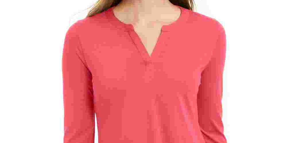 Charter Club Supima Cotton Top Feminino com Gola Dividida, Vermelho, Tamanho Pequeno
