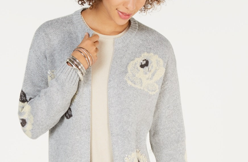 Cardigan longo jacquard floral bordado feminino Style &amp; Co, cinza, tamanho XX-grande