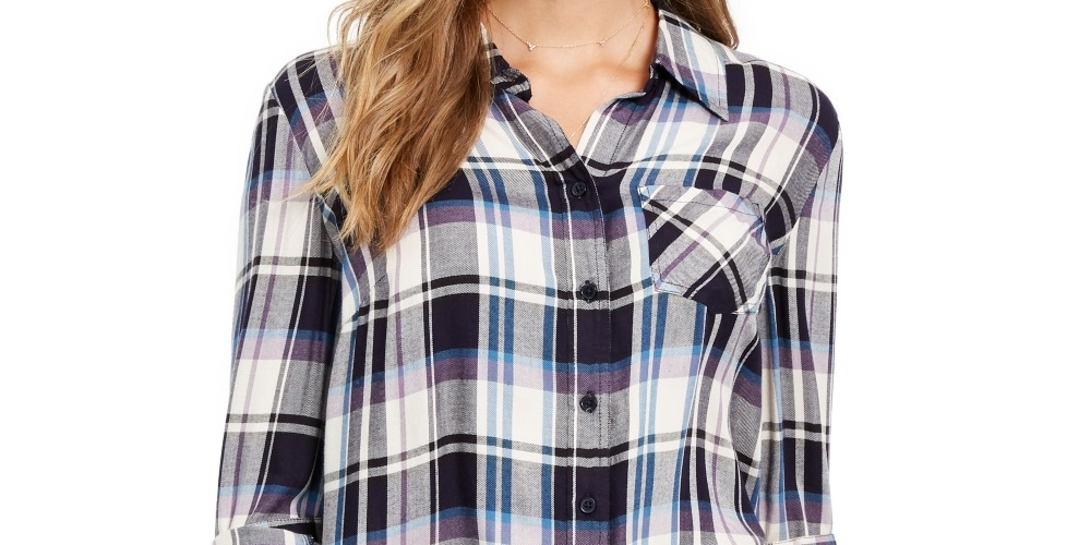 Camisa xadrez feminina Style &amp; Co com um bolso, branca/roxa, tamanho grande
