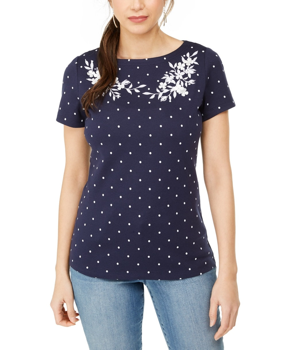 Karen Scott Blusa feminina de algodão com decote canoa e estampa bordada, tamanho P, azul