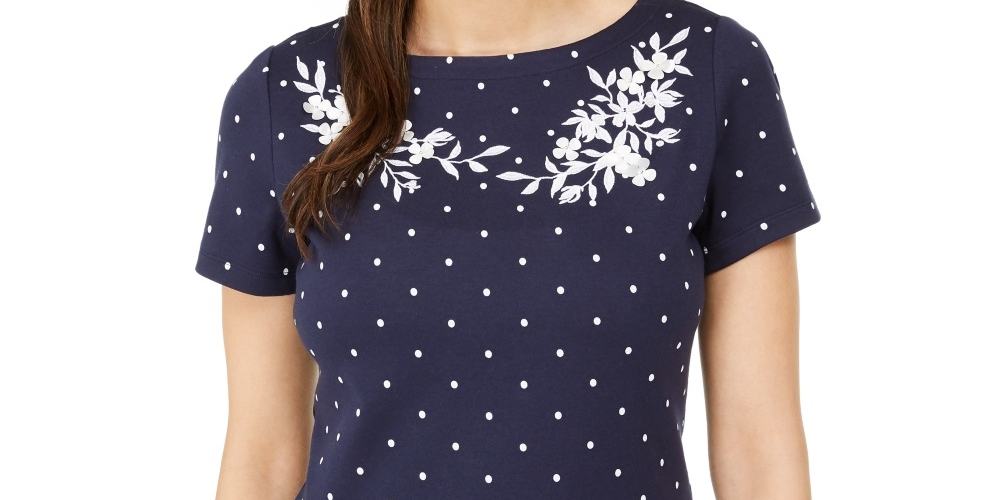 Karen Scott Blusa feminina de algodão com decote canoa e estampa bordada, tamanho P, azul