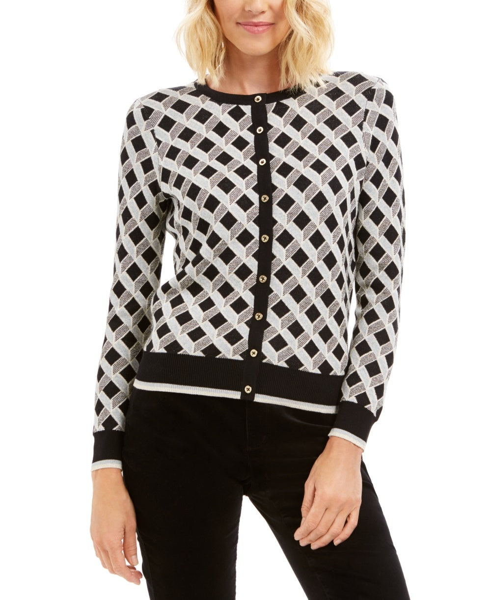 Cardigan feminino estampado em lurex Charter Club, preto, tamanho extragrande