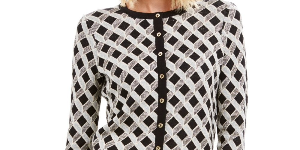 Cardigan feminino estampado em lurex Charter Club, preto, tamanho extragrande