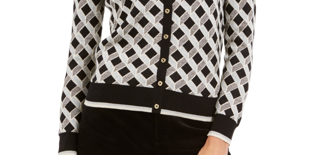 Cardigan feminino estampado em lurex Charter Club, preto, tamanho extragrande
