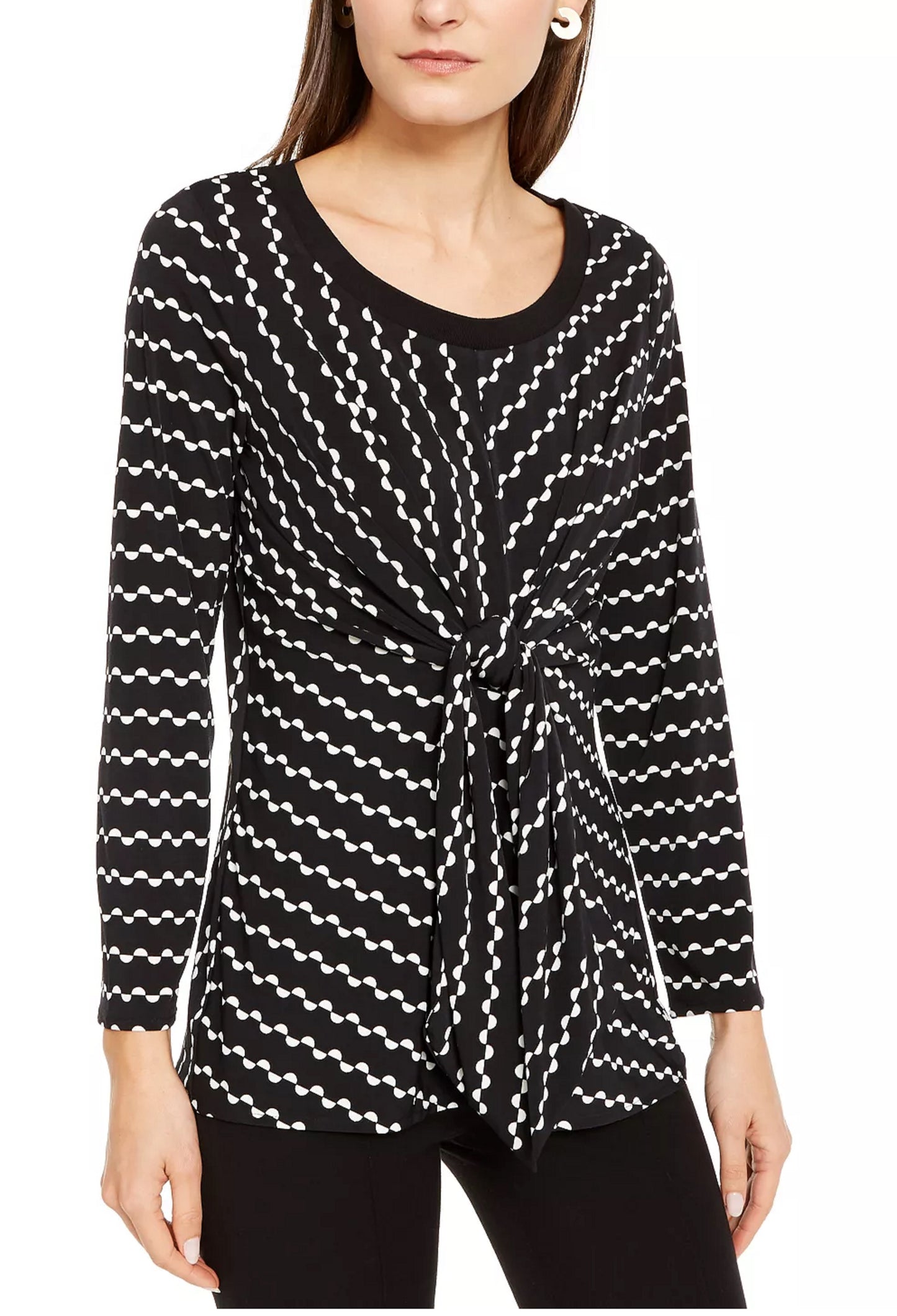 Blusa feminina Alfani com estampa de gravata, manga comprida, decote redondo, blusa de noite, preta, tamanho pequeno médio