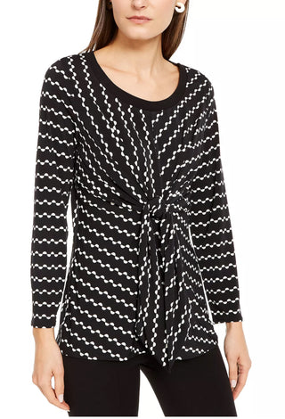 Blusa feminina Alfani com estampa de gravata, manga comprida, decote redondo, blusa de noite, preta, tamanho pequeno médio