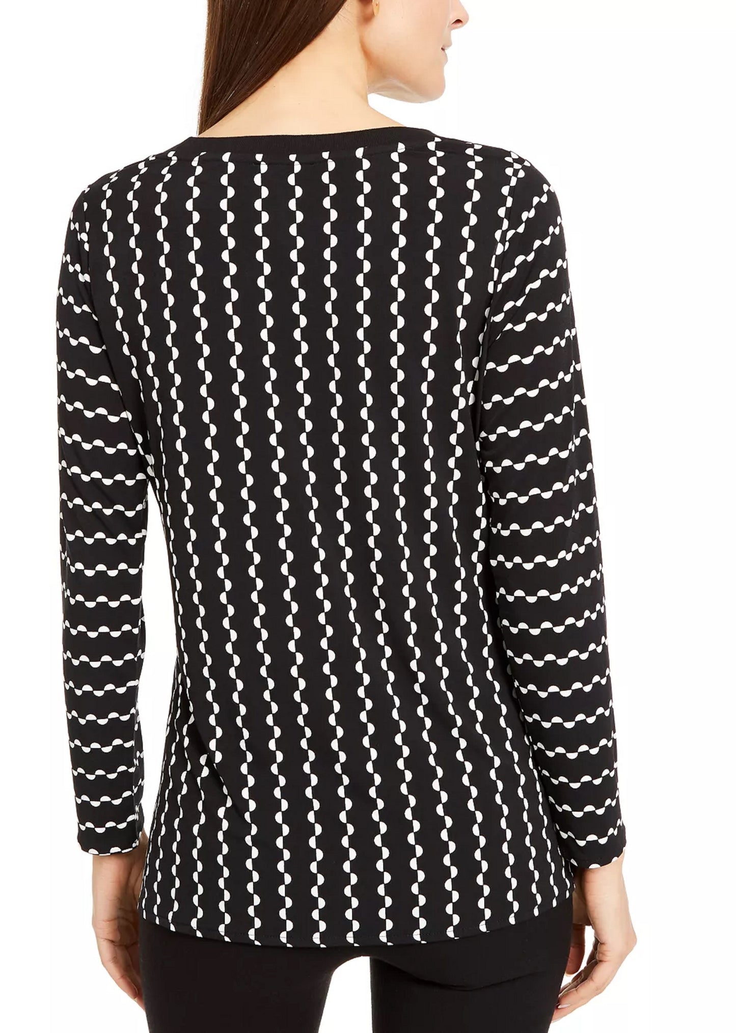 Blusa feminina Alfani com estampa de gravata, manga comprida, decote redondo, blusa de noite, preta, tamanho pequeno médio