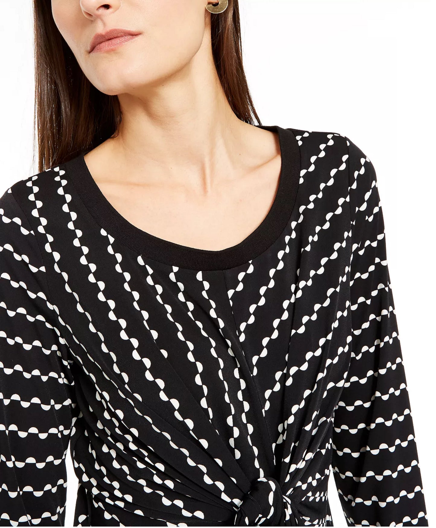 Blusa feminina Alfani com estampa de gravata, manga comprida, decote redondo, blusa de noite, preta, tamanho pequeno médio