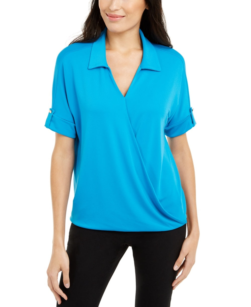 Blusa de malha com gola Alfani feminina, azul, tamanho PL