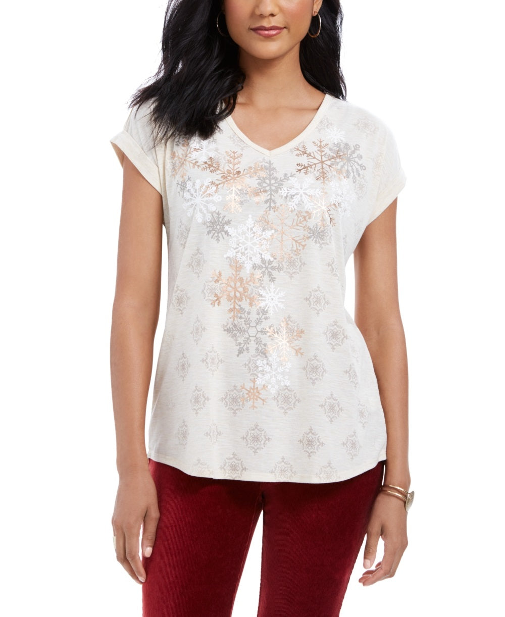 Blusa feminina pequena com estampa de floco de neve, cinza, tamanho pequeno, médio