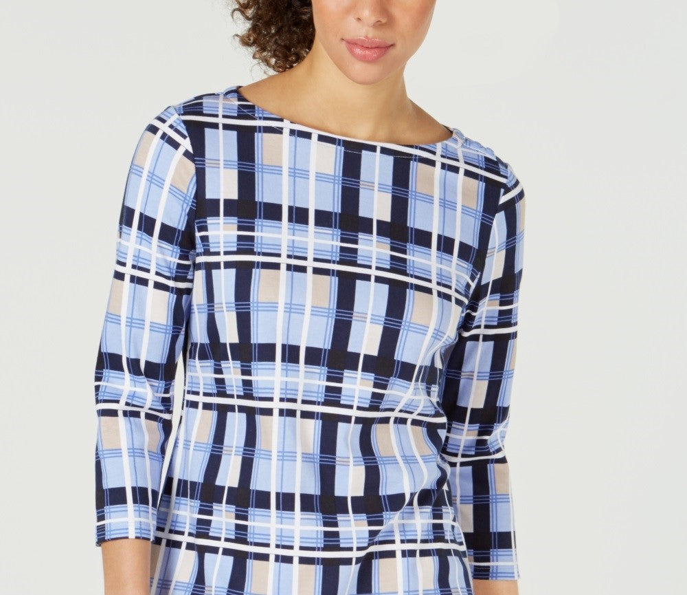 Charter Club Blusa feminina de algodão xadrez com decote canoa, branca, tamanho pequeno e pequeno