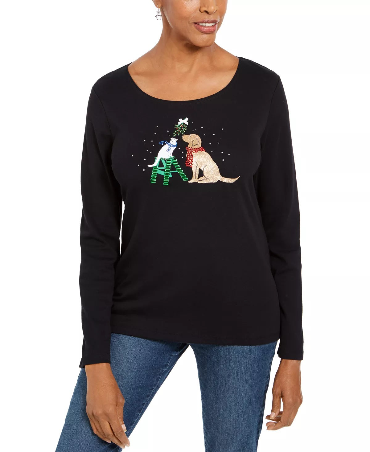 Camisa de Natal feminina Karen Scott com detalhes embelezados, preta, tamanho PL