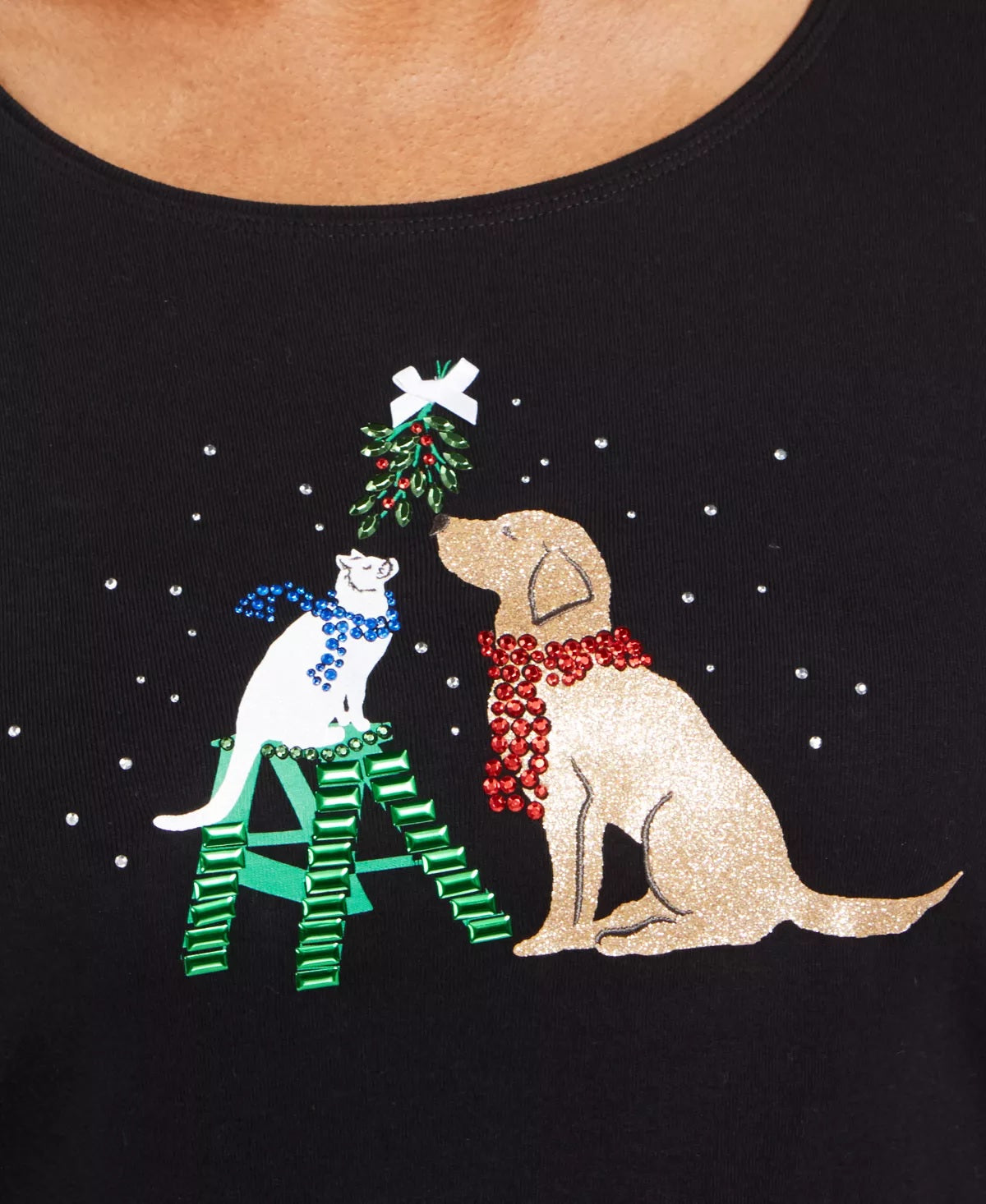 Camisa de Natal feminina Karen Scott com detalhes embelezados, preta, tamanho PL