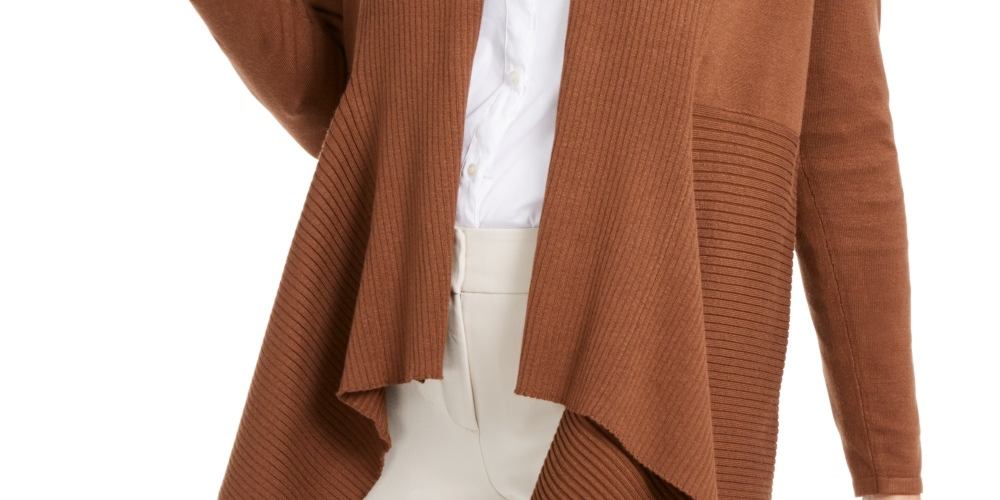 Cardigan feminino canelado com bainha de lenço JM Collection marrom tamanho extragrande