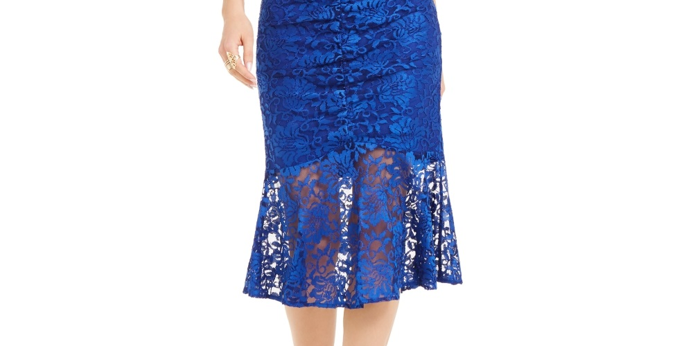 Vestido feminino Thalia Sodi com babados e renda, azul, tamanho grande