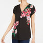 INC International Concepts Top feminino com estampa floral pequena e decote em V, preto, tamanho pequeno e pequeno
