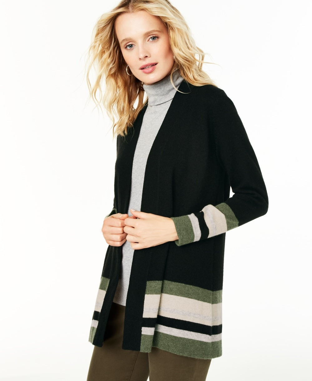 Cardigan feminino de cashmere listrado Charter Club, tamanho regular, preto, pequeno, pequeno