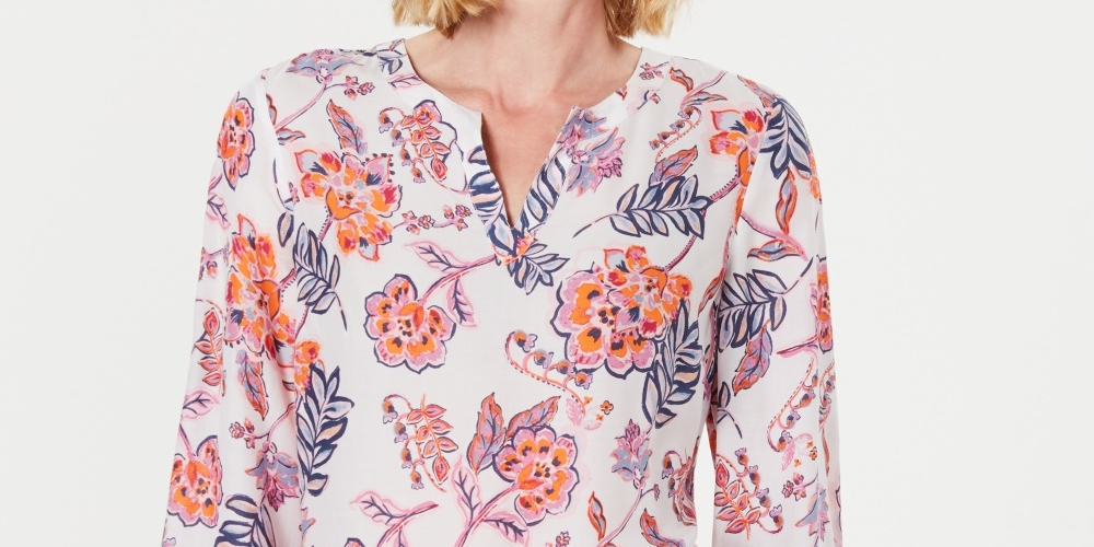 Túnica feminina Charter Club Petite com estampa floral dupla, branca, tamanho PL