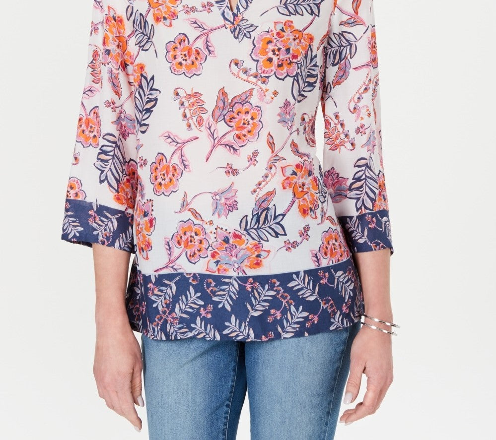 Túnica feminina Charter Club Petite com estampa floral dupla, branca, tamanho PL