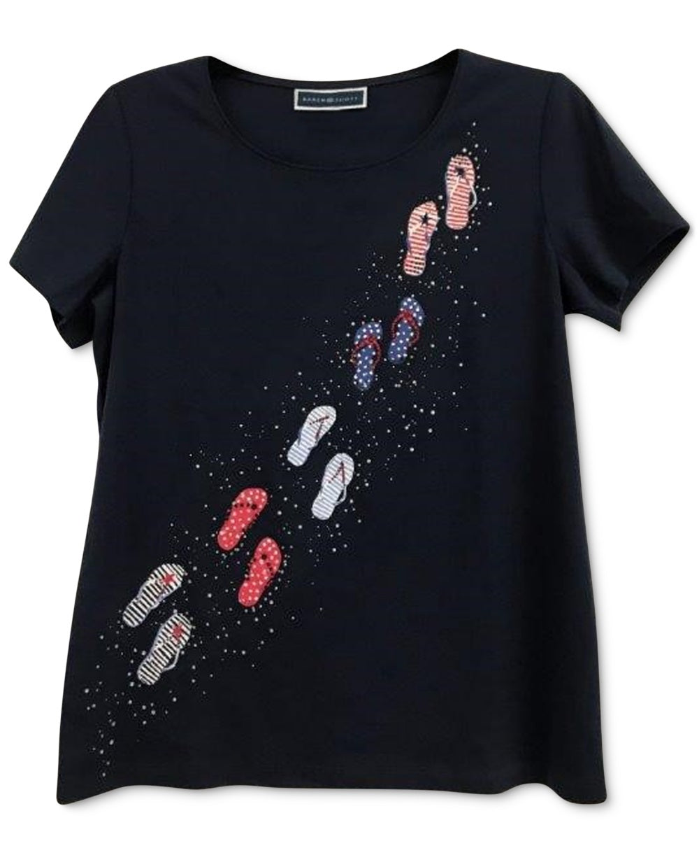 Camiseta feminina Karen Scott com decote redondo, azul, tamanho pequeno