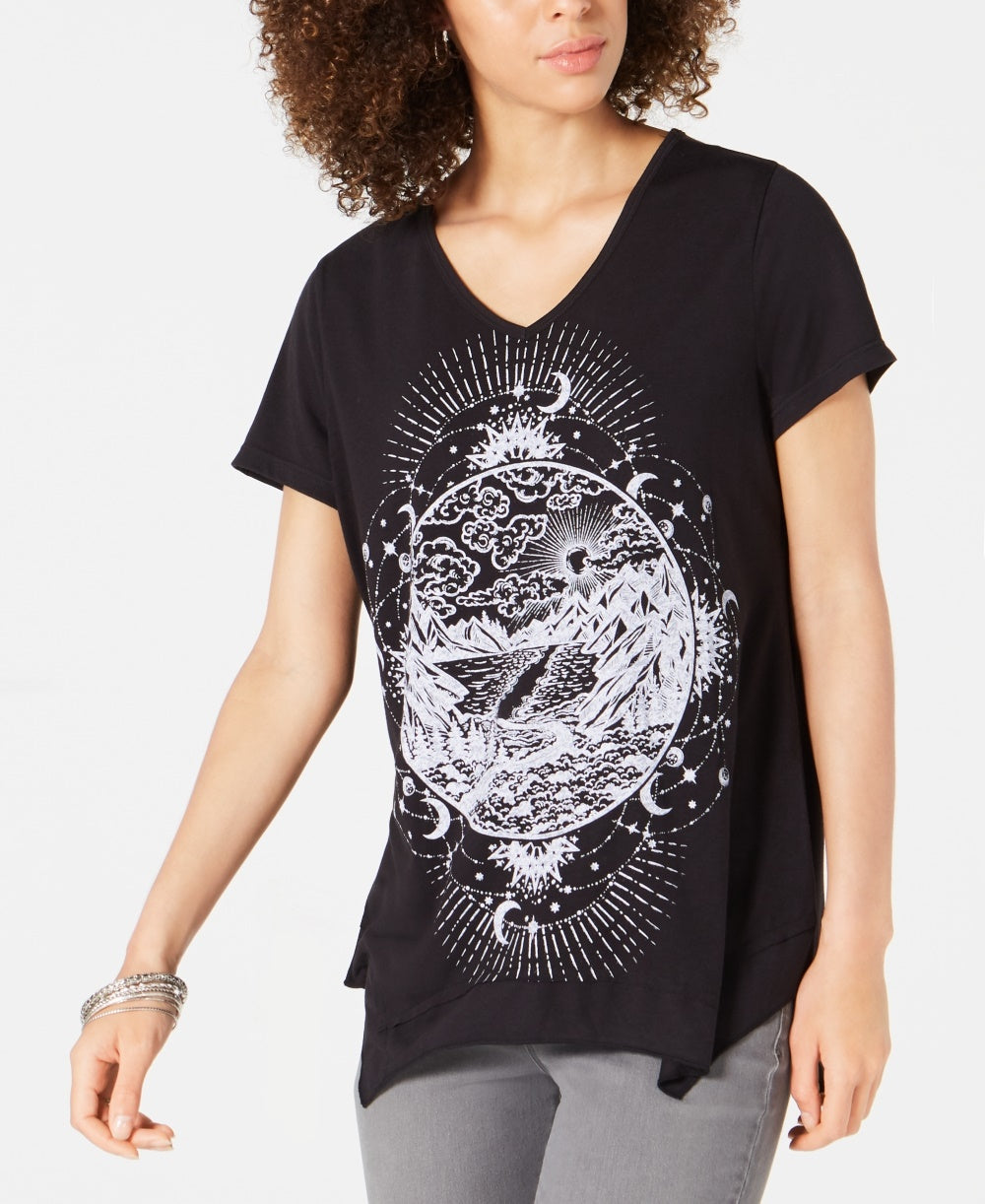 Camiseta feminina com estampa gráfica e bainha em lenço, estilo &amp; co, preta, tamanho médio