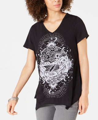 Camiseta feminina com estampa gráfica e bainha em lenço, estilo &amp; co, preta, tamanho médio