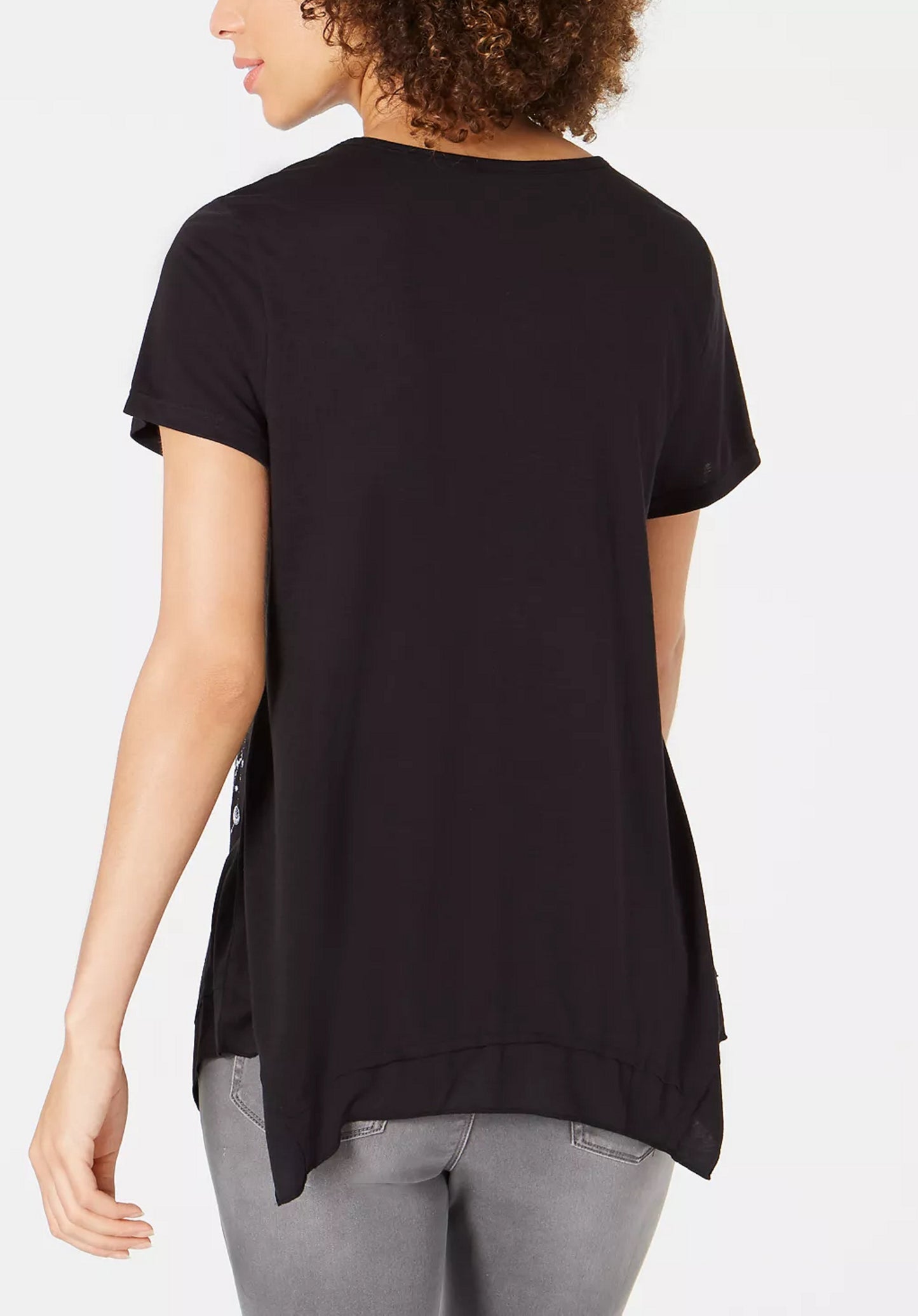 Camiseta feminina com estampa gráfica e bainha em lenço, estilo &amp; co, preta, tamanho médio