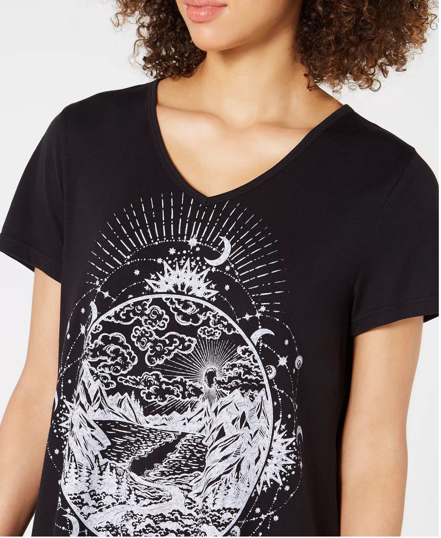 Camiseta feminina com estampa gráfica e bainha em lenço, estilo &amp; co, preta, tamanho médio